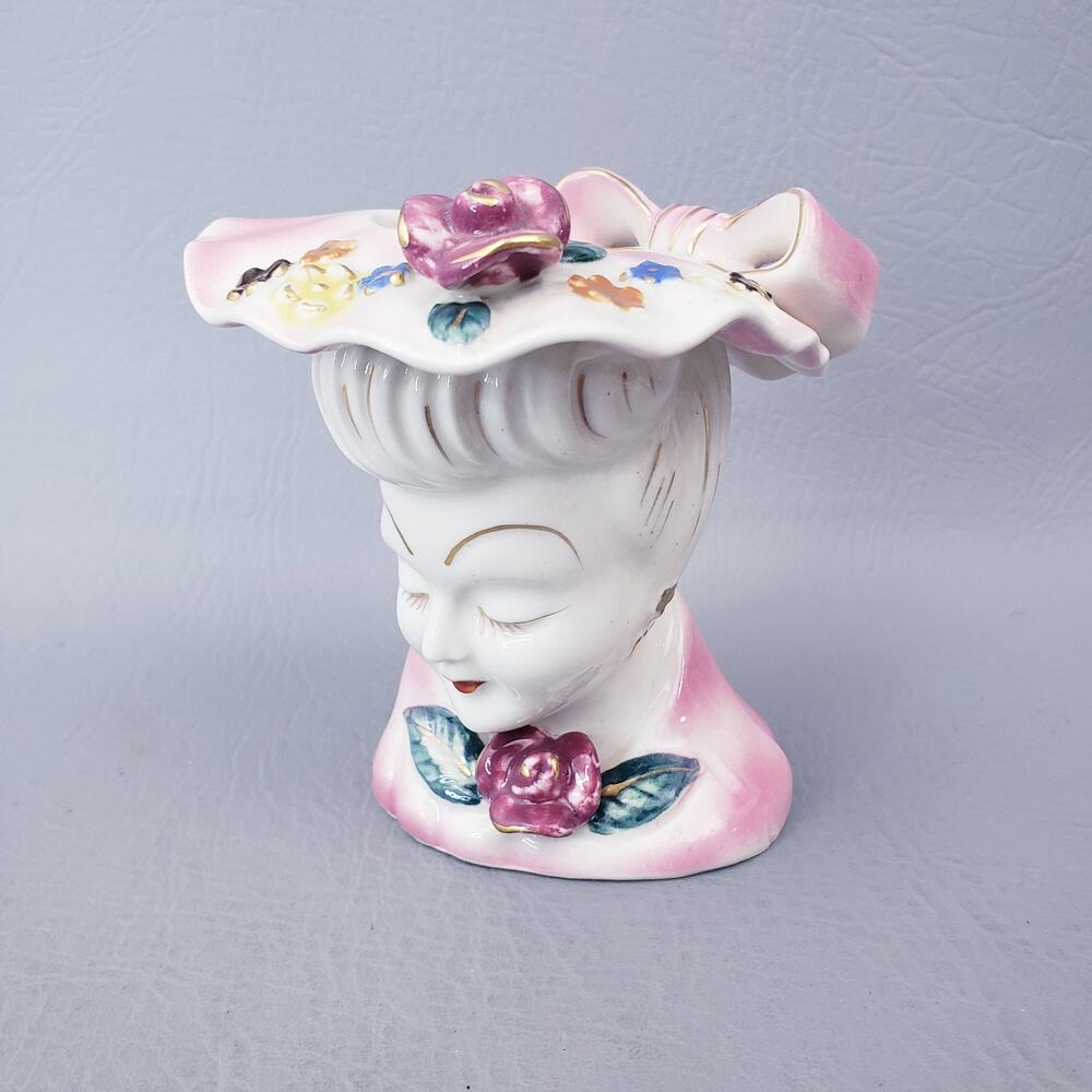 Vintage Lady Head Vase Pink Hat Dress Purple Roses White Hair Made in Japan